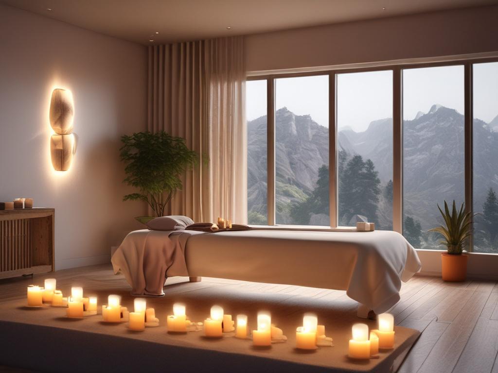 A serene and luxurious massage setting with soft lighting, featuring