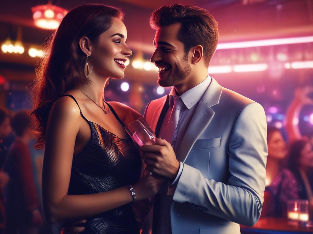 A glamorous scene of a stylishly dressed couple at a