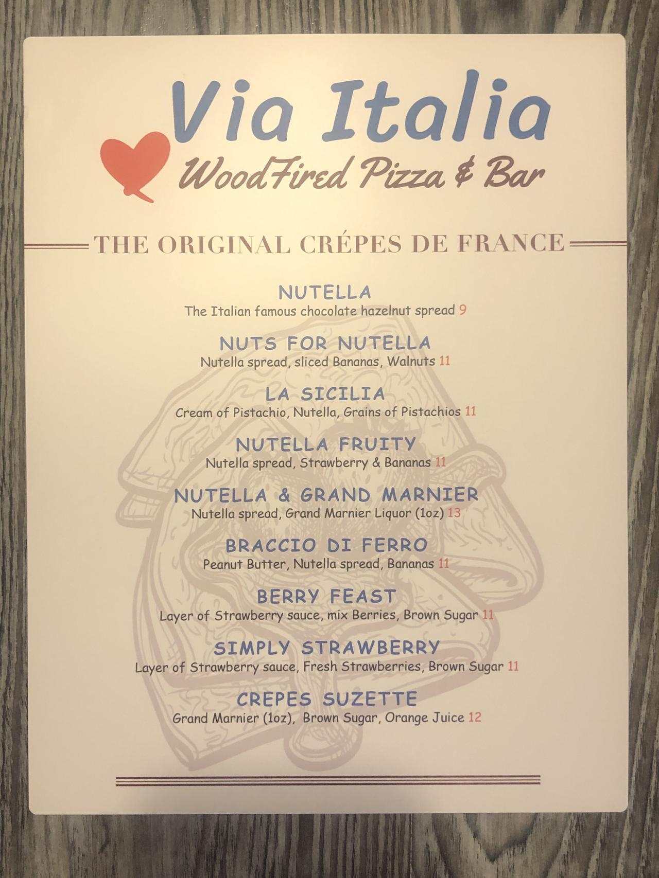 Via Italia Woodfired Pizza & Bar Menu