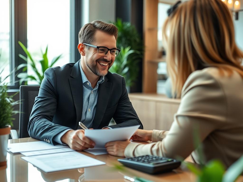 A close up shot of a smiling finance advisor discussing