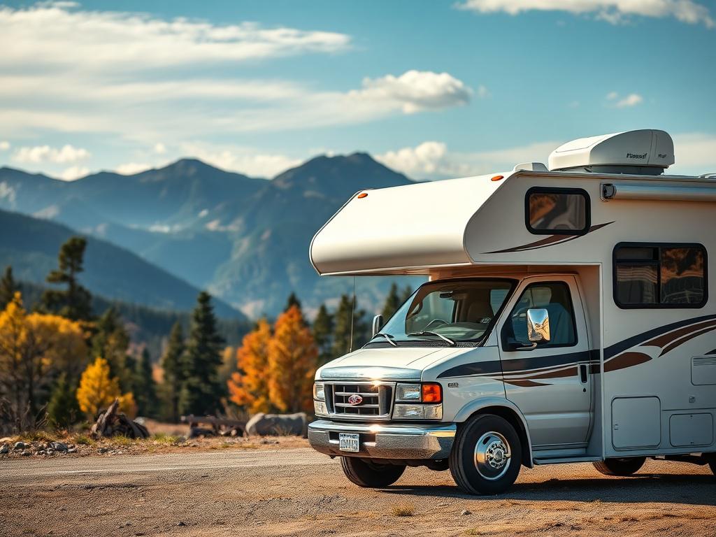 A close up shot of an RV parked in a