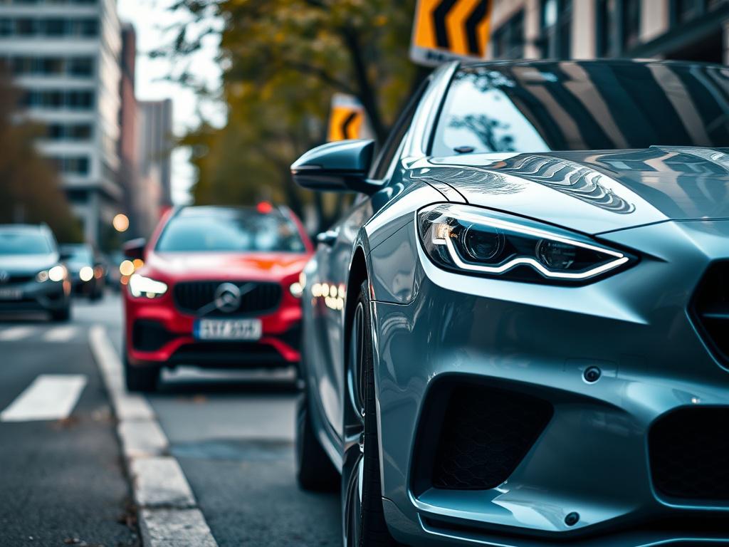 A close up shot of a stylish car parked on