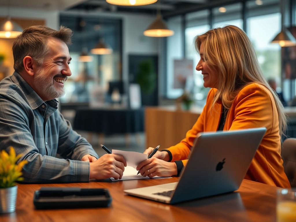 A close up image of a satisfied customer discussing financing
