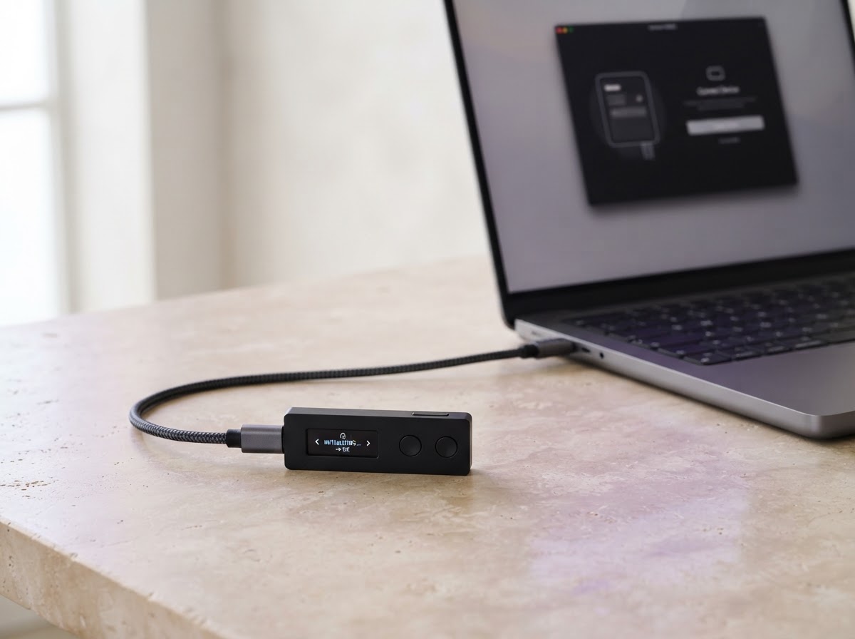 Hardware wallet on a clean desk beside a laptop, ready for setup