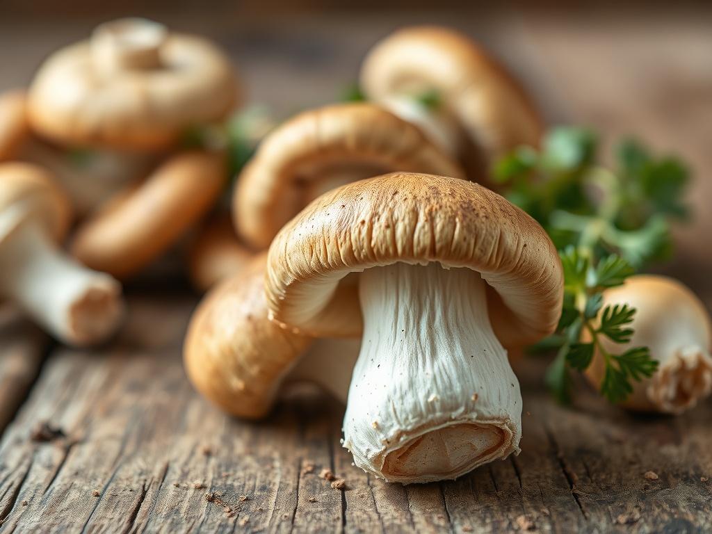 A close-up of fresh mushrooms on a rustic wooden table, highlighting their natural textures and earthy tones. The focus is on a single type of mushroom, with soft, diffused lighting to create an inviting and organic atmosphere. The background should be blurred to emphasize the mushroom, while maintaining a grounded, earthy aesthetic.
