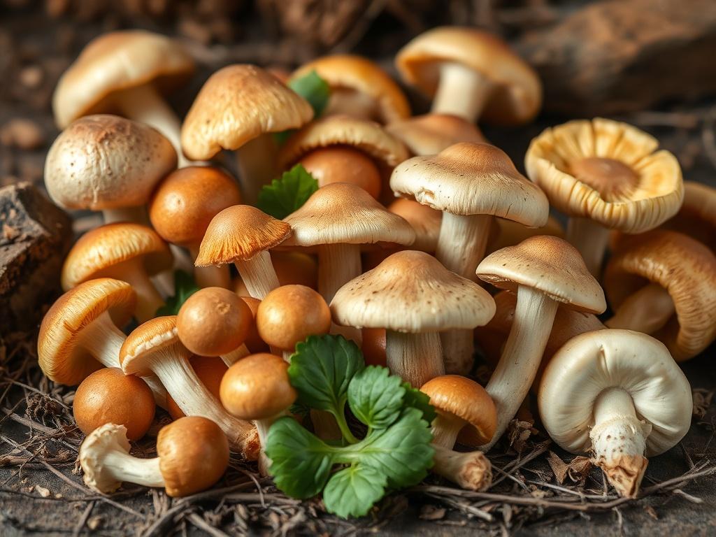 A high-resolution image showing a variety of fresh, organic mushrooms in a rustic setting with earthy textures. The mushrooms should be vibrant and healthy, showcasing their freshness. The background should be subtle and natural, emphasizing the mushrooms as the main subject.