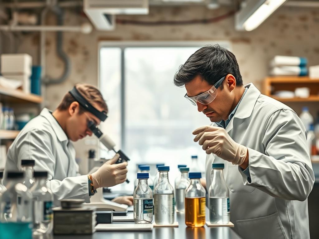 A high-resolution image of a laboratory setting where quality testing is being performed. The image should depict scientists analyzing samples, with lab equipment visible, emphasizing precision and safety.