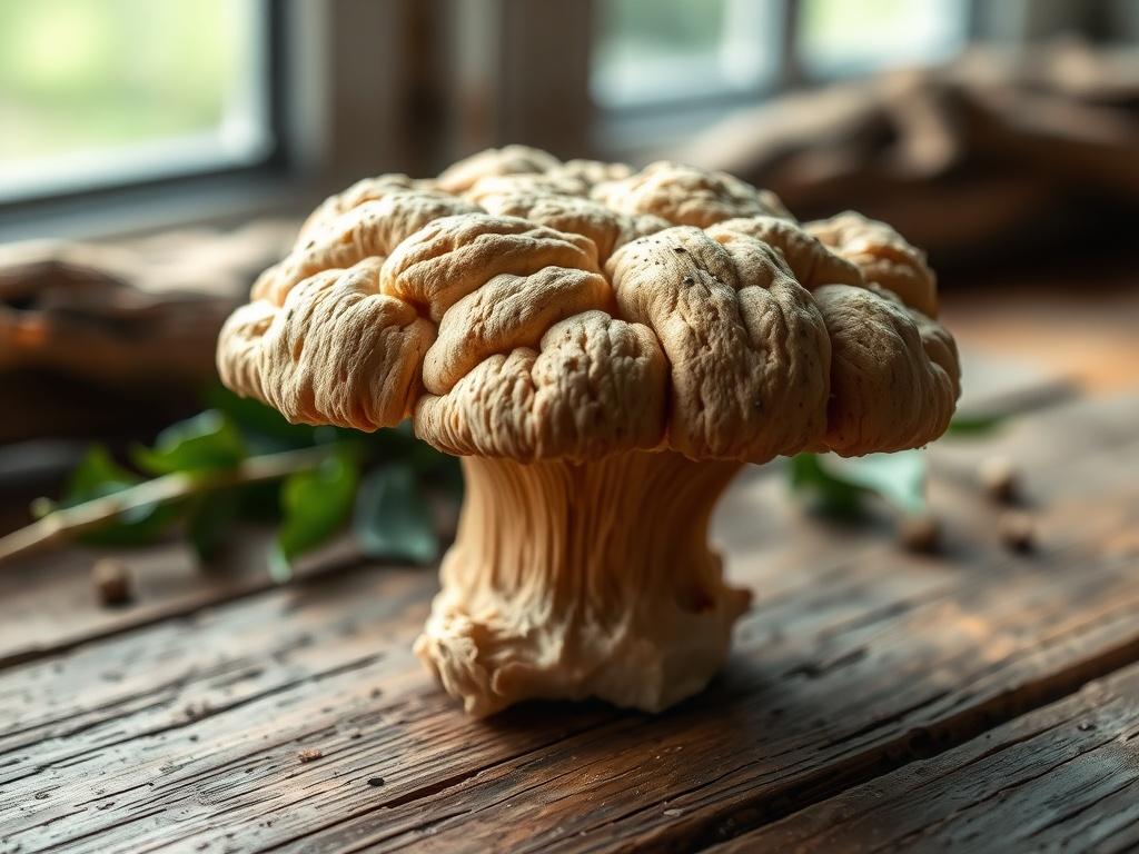 A realistic high-resolution photo of a fresh Maitake mushroom placed on a rustic wooden table. The mushroom should be the center of attention, showcasing its unique frilled shape and earthy tones. The background should be softly blurred to emphasize the mushroom, capturing an organic and natural feel. Natural light should illuminate the scene, highlighting the textures and details of the mushroom.