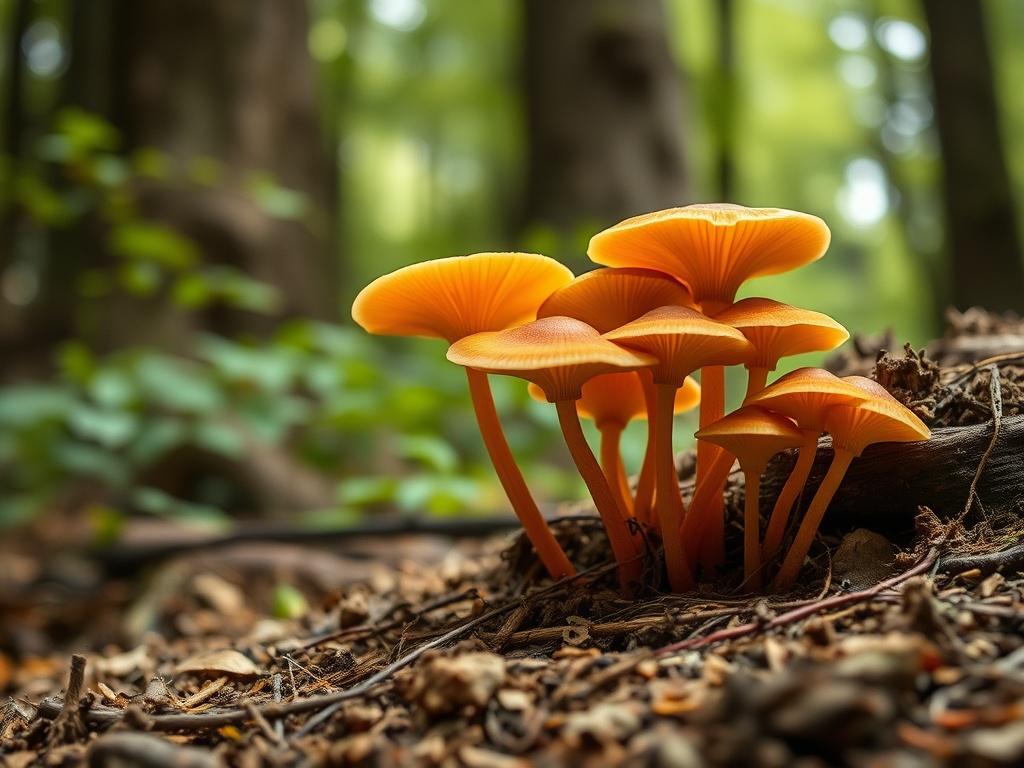 A realistic high-resolution photo of Cordyceps mushrooms growing naturally in a forest environment. The composition should feature a close-up view of the Cordyceps with earthy tones and textures, highlighting their unique shape and vibrant color. The background should be softly blurred to emphasize the mushrooms, with hints of green foliage and natural light filtering through the trees.