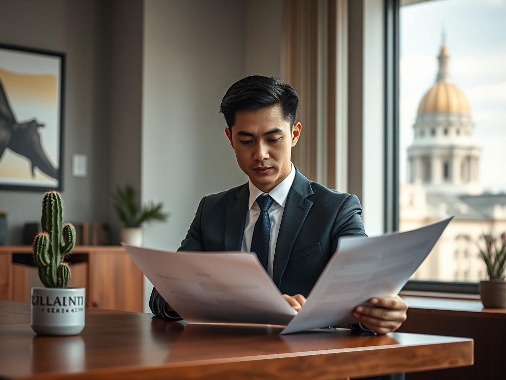 **Prompt for AI Image Generator:**

Create a realistic high-resolution photo that captures the essence of legal services in Austin, Texas. The image should feature a lone attorney, a focused young adult of Asian descent, dressed in a sharp, tailored suit, sitting at a sleek wooden desk. The subject should be intently reviewing a complex legal document, illustrating the meticulous nature of building tailored defense strategies. 

The background should include elements that reflect Austin's unique character—a