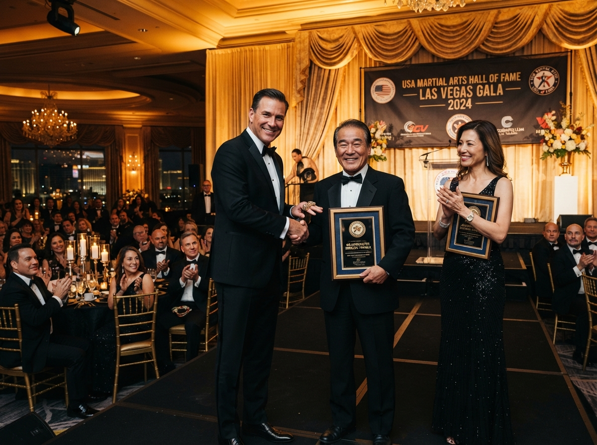 Award Ceremony - Martial artists receiving honors in formal attire