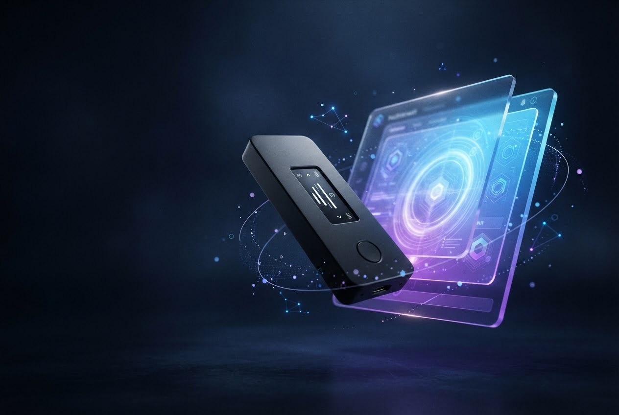 A secure hardware wallet device in a softly illuminated digital environment