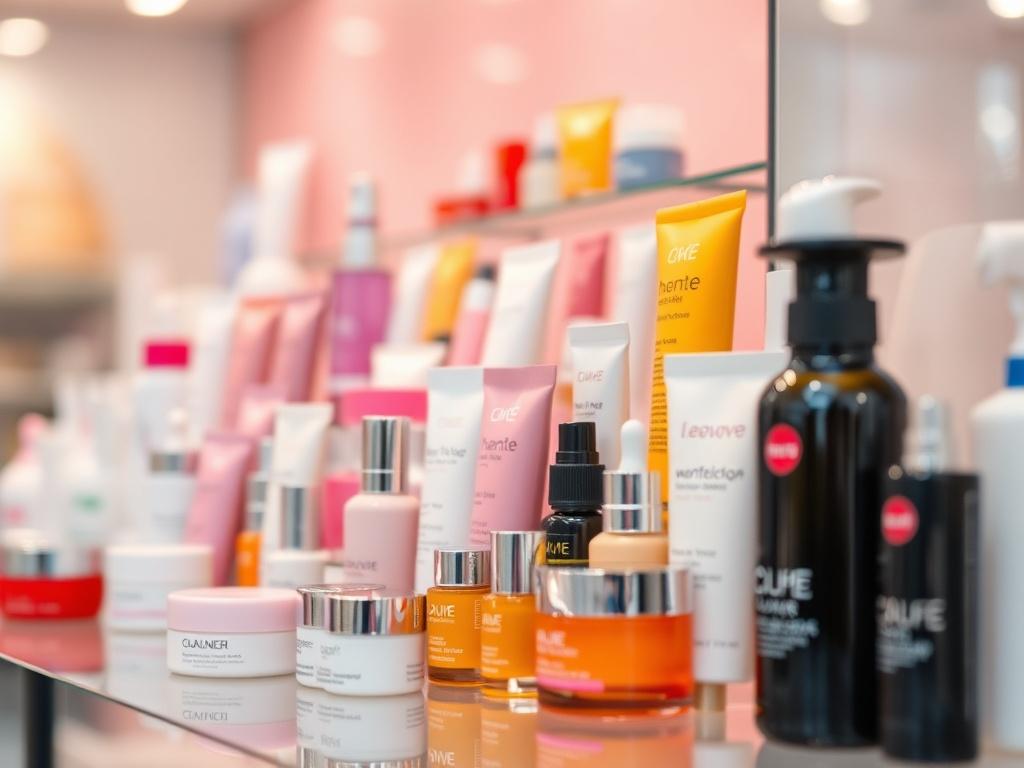 A close-up shot of a vibrant cosmetic product display, featuring a variety of skincare and beauty items. The background is softly blurred to emphasize the products, which should be colorful and appealing. Shot with a 45mm f/1.2 lens style, with the primary color of the display harmonizing with rgb(12, 186, 225).