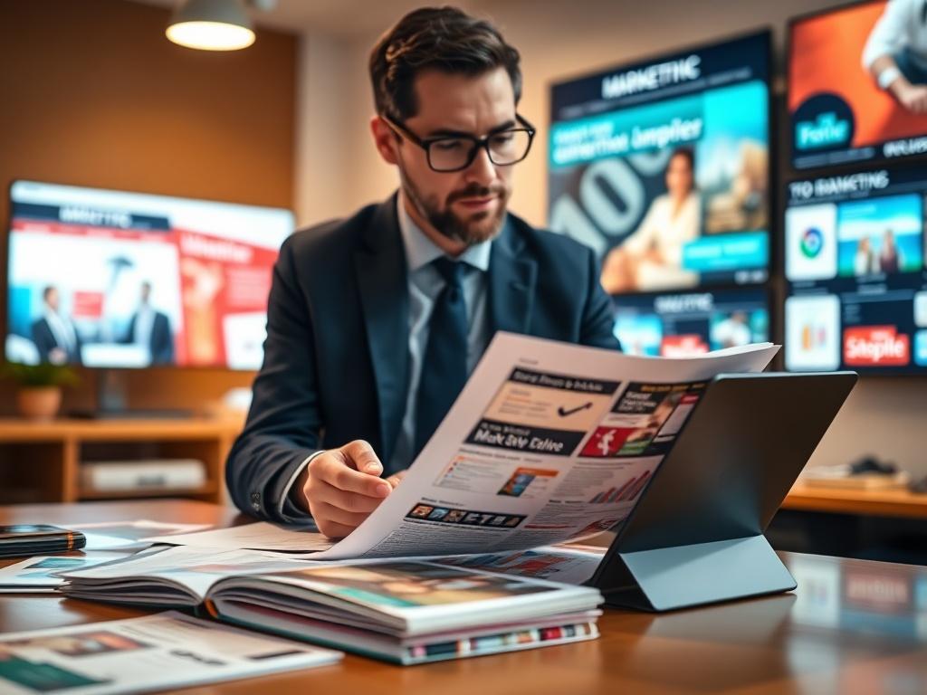A realistic high-resolution photo of a business professional reviewing marketing materials on a desk. The scene should feature a variety of advertising assets such as brochures, flyers, and digital screens displaying advertisements. The background should be softly blurred to keep the focus on the professional, who is examining a document with a thoughtful expression. The lighting should be warm and inviting, emphasizing a well-organized workspace.