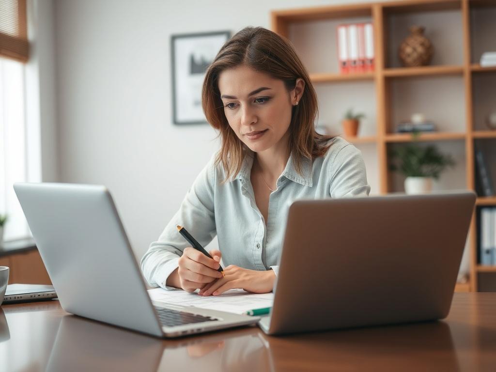 **AI Image Generation Prompt:**

Create a realistic high-resolution photo that illustrates the theme of "Identifying Compliance Blind Spots." The composition should be simple and clear, featuring a single subject: a focused business professional, a woman, in her mid-30s, sitting at a modern desk with a laptop open in front of her. 

She should have an expression of concentration and engagement, perhaps jotting down notes with a pen while reviewing compliance documents on her screen. The background should be