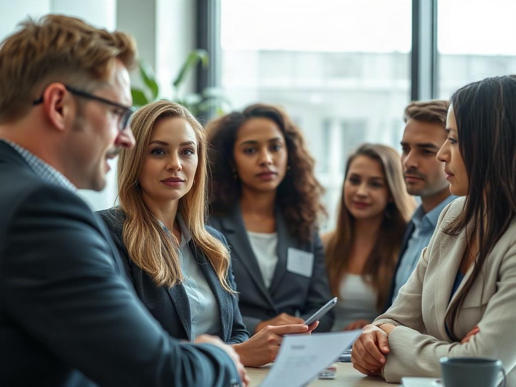 A close-up shot of a diverse group of professionals engaged in a discussion about cosmetic regulations. The setting is a modern office with a minimalist design, featuring a large window with natural light pouring in. The focus is on the individuals, showcasing their expressions of concentration and collaboration. The image should reflect a sense of urgency and professionalism, highlighting the importance of staying updated in the cosmetic industry.