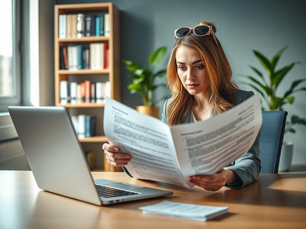 Create a realistic high-resolution photograph focusing on a single subject: a professional-looking woman sitting at a sleek desk in a modern office environment. She is deeply engaged in reading a document that outlines compliance regulations, symbolizing the intricacies of identifying compliance blind spots in the cosmetics industry. 

The subject should appear focused and thoughtful, wearing business attire that conveys professionalism. Her expression should reflect curiosity and determination. The desk sh