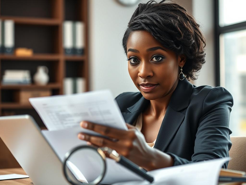 Create a realistic high-resolution photo that visually represents the concept of "Identifying Compliance Blind Spots." The composition should be simple and clear, featuring a single subject: a focused business professional (a middle-aged Black woman) examining a document and looking thoughtfully at the camera. She should be positioned slightly off-center to create a dynamic balance in the image, set against a soft, blurred background of an office environment.

The background should depict elements typical o