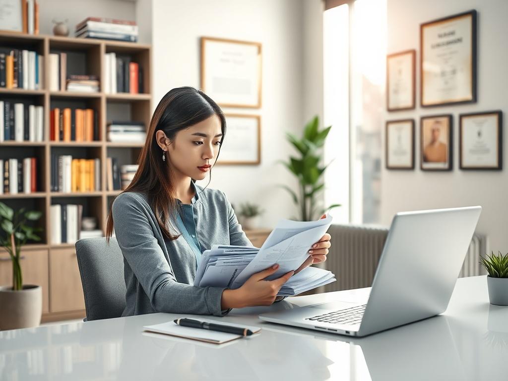 **AI Image Generation Prompt:**

Create a realistic high-resolution photo featuring a single female professional sitting at a sleek, modern desk in a well-lit, tastefully decorated office environment. The subject should be depicted intently reviewing a stack of documents with a focused expression, highlighting the theme of compliance and risk assessment in the cosmetic industry. 

The background should include elements such as a large bookshelf filled with industry-related books, a potted plant for a touch 