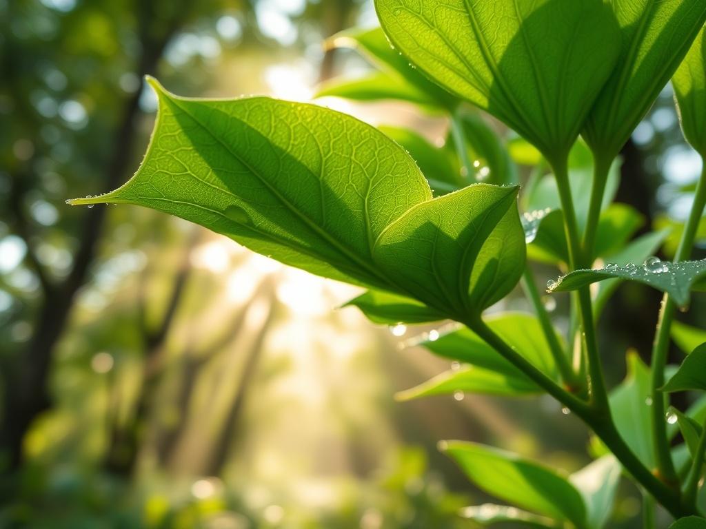 A close-up shot of a lush green plant with dew droplets on the leaves, symbolizing sustainability and environmental compliance. The background is softly blurred, featuring a natural setting with sunlight filtering through trees, creating a serene and eco-friendly atmosphere. The focus is on the vibrant green color of the leaves, highlighting the theme of environmental awareness. The image should be captured with a 45mm f/1.2 lens style, showcasing the details of the plant and the natural beauty of the surro