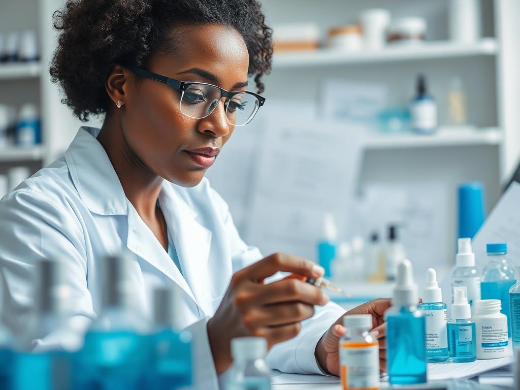 A close-up of a scientist working in a lab, surrounded by cosmetic products and research papers. The scientist, a middle-aged Black woman in a white lab coat, is thoughtfully examining a vial. The background is softly blurred, emphasizing the focus on the scientist and the vials. The lighting is bright and professional, highlighting the clarity and precision of scientific research. The color scheme incorporates shades of blue, reflecting the brand's primary color rgb(12, 186, 225).