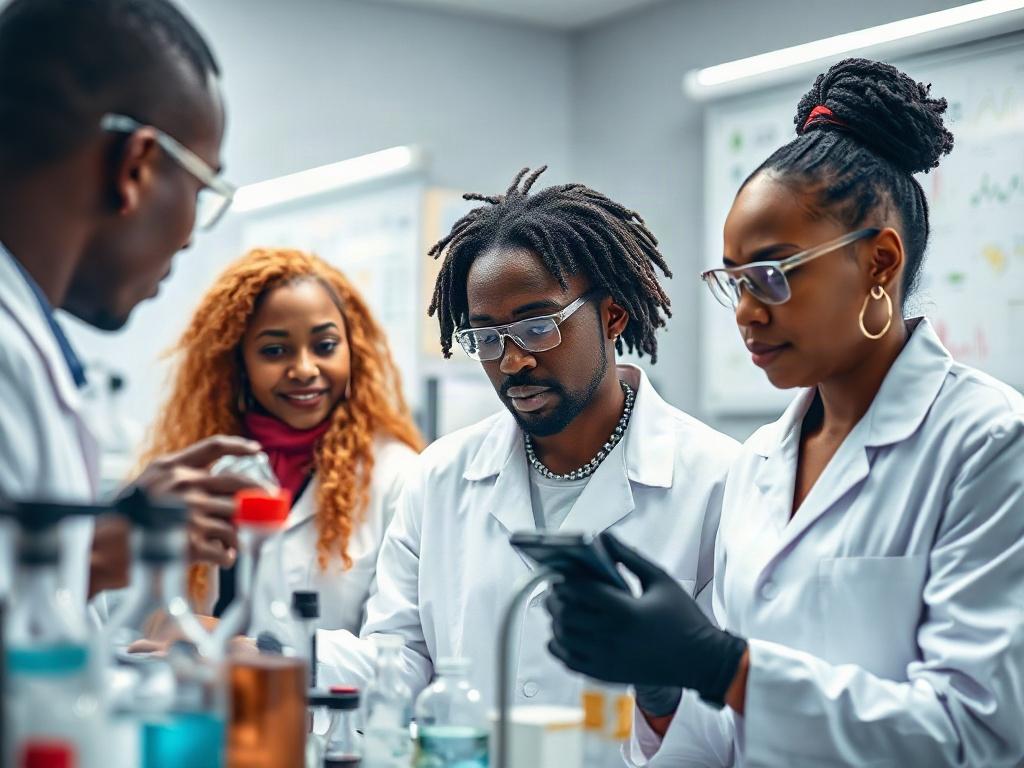 A high-resolution close-up shot of professional and scientific African cosmetic chemists collaborating in a modern laboratory. The scene captures a diverse team of chemists in lab coats, focusing on research and development of cosmetic products. There are high-tech lab equipment, beakers, and scientific charts visible in the background, reflecting expertise in cosmetic science and regulatory compliance. The composition should emphasize teamwork and professionalism, with a vibrant and engaging atmosphere.
