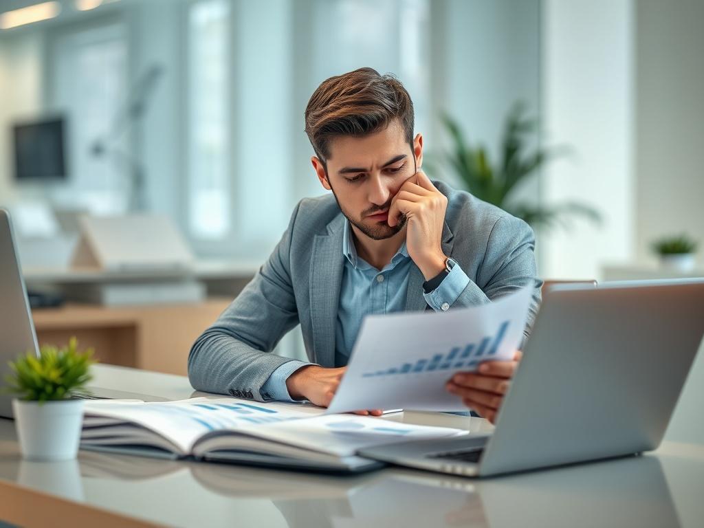 Create a realistic high-resolution photo that visually represents the concept of "Understanding Regulatory Compliance Gaps." The image should feature a single subject: a thoughtful business professional sitting at a modern desk, deeply engaged in reviewing documents and reports. The individual should be focused, with a furrowed brow, suggesting critical thinking and assessment. 

The desk should be neatly organized, displaying a few open documents with charts and graphs, a laptop open, and a small potted pl