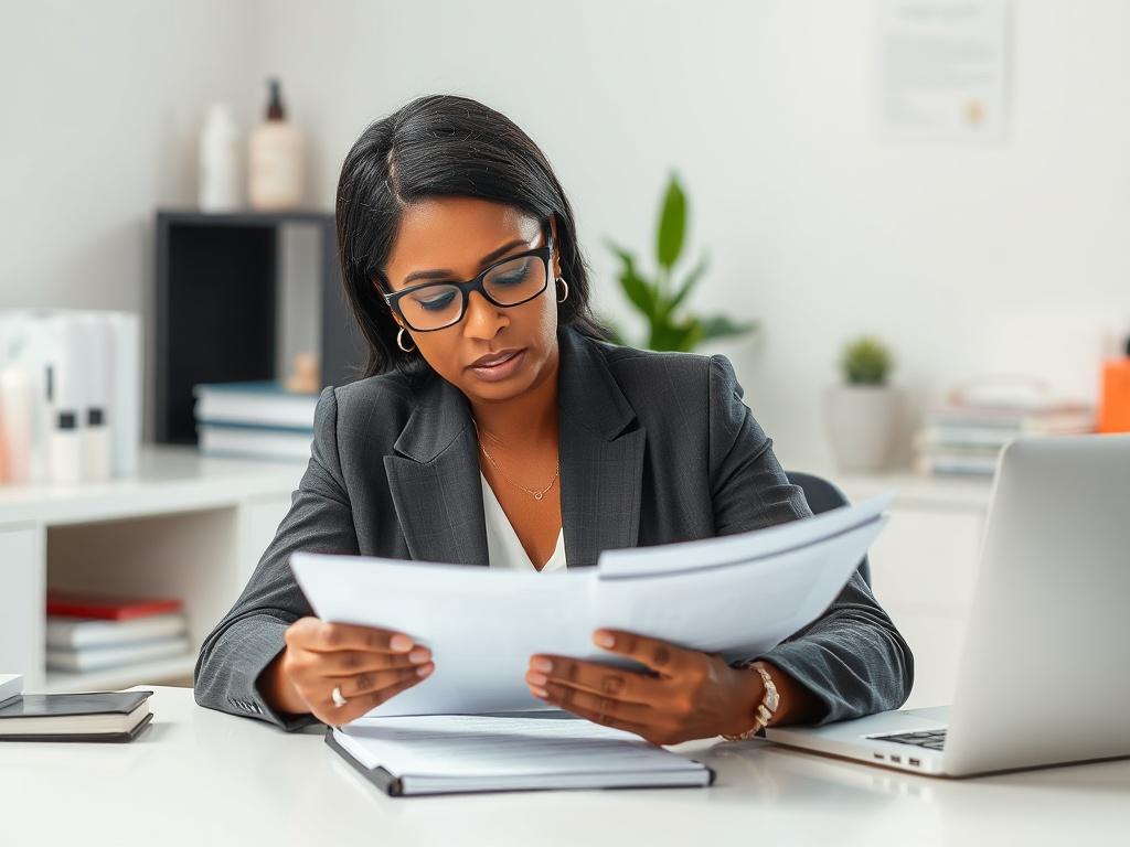 Create a realistic high-resolution photograph that reflects the theme of a blog titled "Identifying Compliance Blind Spots in Cosmetics." The composition should focus on a single subject, a meticulous cosmetic compliance consultant reviewing regulatory documents. 

The subject, a middle-aged South African woman, should be seated at a clean, modern desk, intently examining a stack of documents, with facial expressions revealing deep concentration and expertise. She should be dressed in smart business attire,