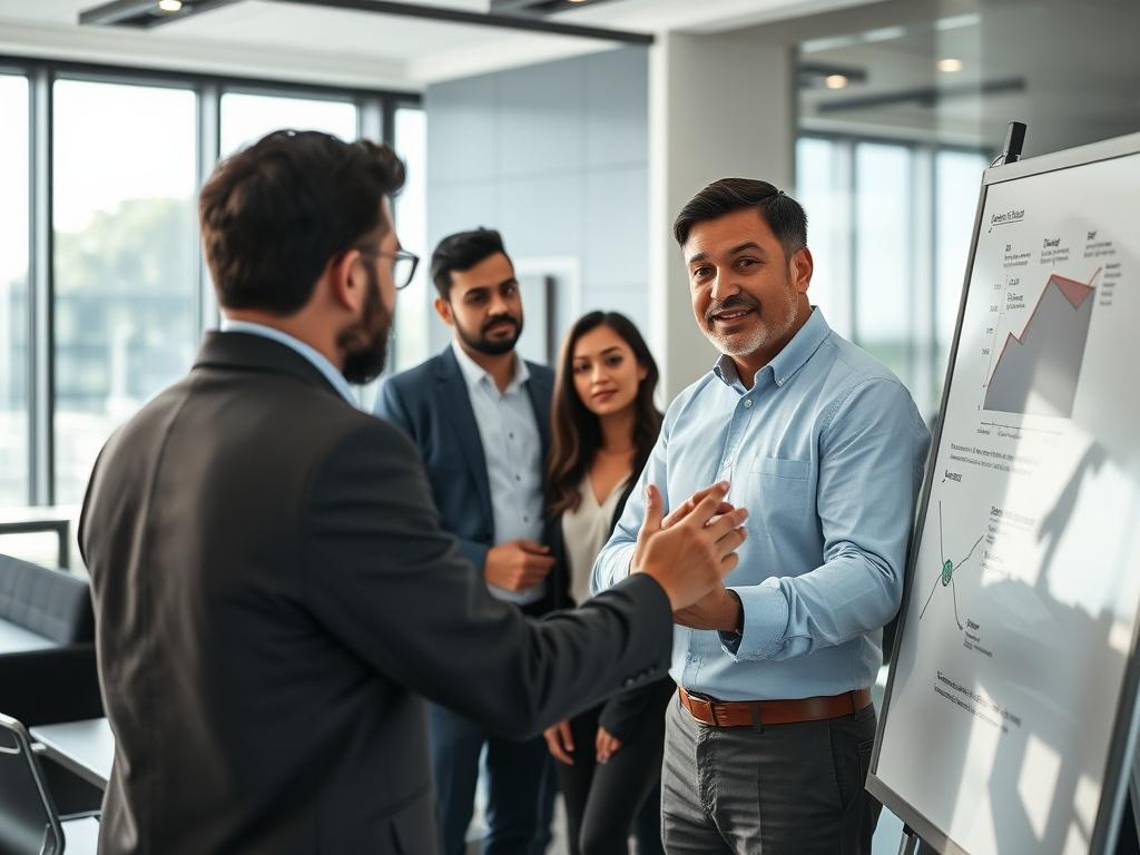 A professional consultant engaging with a diverse group of business