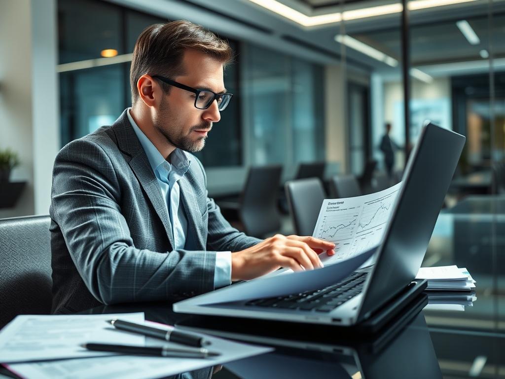 A financial consultant working on a laptop with graphs and