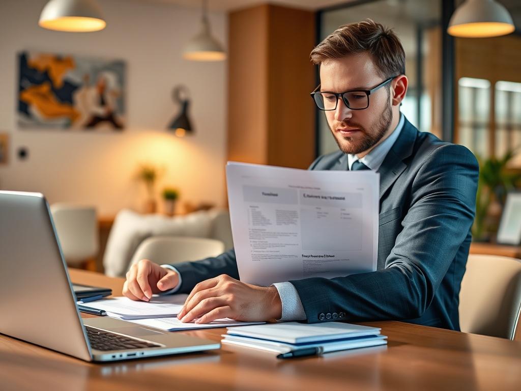 A professional consultant sitting at a desk, reviewing business licensing