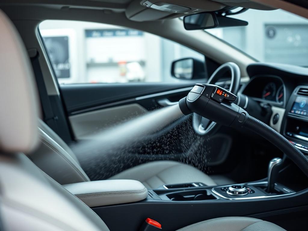 A close up shot of a car interior being vacuumed