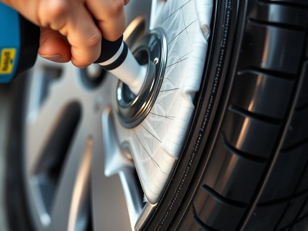 A close up shot of a tire being dressed with