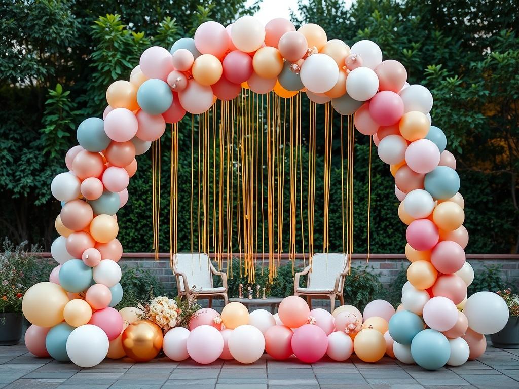 A beautiful balloon garland arch in soft golden hues, elegantly draped and arranged with a variety of pastel and vibrant balloons. The background features a serene outdoor setting with soft lighting and lush greenery, enhancing the dreamy atmosphere. The focus is solely on the balloon arch, showcasing intricate details and textures, creating a captivating and inviting scene.