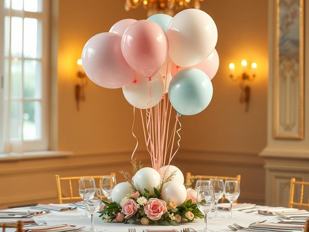 Create a realistic high-resolution photo of an elegant balloon centerpiece designed for a wedding table setting. The centerpiece should feature a variety of balloons in soft pastel colors, arranged in an artistic and visually appealing way. Include elements such as decorative ribbons and fresh florals surrounding the base of the balloon arrangement. The background should be softly blurred to enhance the centerpiece, with warm golden hues and soft lighting creating a serene atmosphere.
