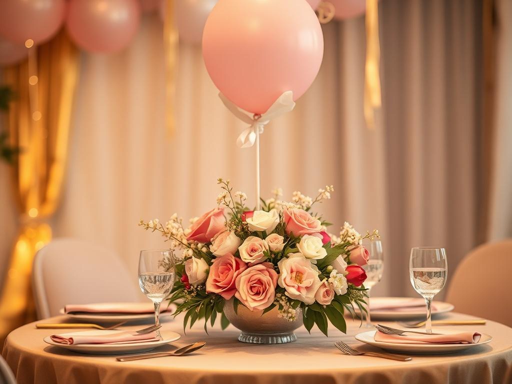 A beautifully styled party table featuring a simple yet elegant balloon arrangement in soft pastel colors, a floral centerpiece with fresh blooms in shades of pink and white, and tasteful tableware. The setting is cozy, with soft lighting creating a warm atmosphere. The background is softly blurred to focus on the table, conveying a serene and inviting vibe.