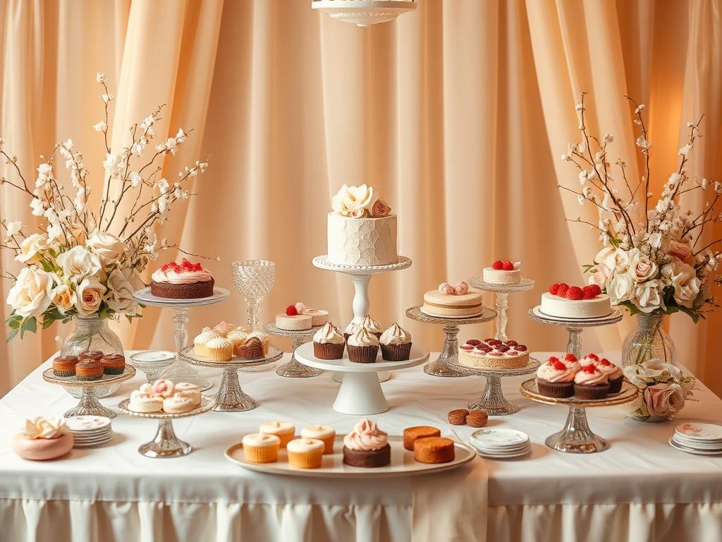 A beautifully styled dessert table featuring an array of elegant pastries, cakes, and desserts. The table is adorned with soft, golden hues and delicate floral arrangements, creating a serene atmosphere. The background is softly blurred, highlighting the dessert display as the main focus. The lighting is warm and inviting, enhancing the luxurious feel of the setup.