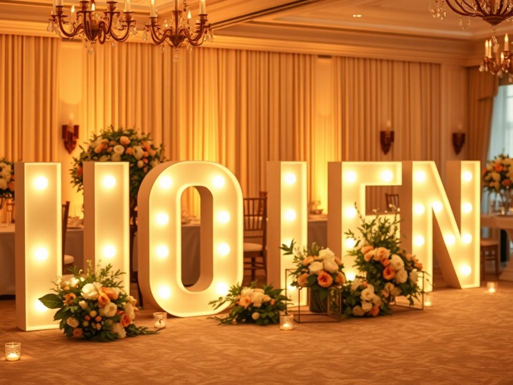 A beautifully arranged custom marquee letter setup in a softly lit event space, featuring warm golden hues. The focus is on large, illuminated marquee letters spelling out a celebratory word, surrounded by elegant floral arrangements and tasteful décor elements. The background should be softly blurred to create a serene atmosphere, enhancing the luxurious feel of the event.