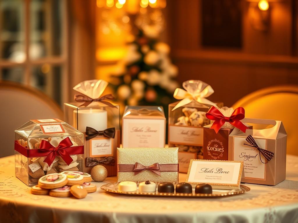 A beautifully arranged table featuring an assortment of elegant edible take-home favors, such as gourmet cookies and chocolates, displayed in chic, personalized packaging. The setting is softly lit with warm, golden hues, creating a cozy and inviting atmosphere. The background is blurred to keep the focus on the exquisite treats, showcasing their intricate designs and vibrant colors.
