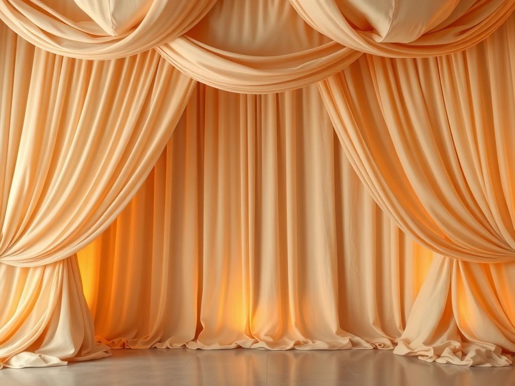 A beautifully draped event space featuring flowing soft fabric in warm golden hues, with elegant folds and soft lighting creating a serene atmosphere. The background should be subtle and inviting, focusing on the draping as the main subject, showcasing its texture and flow.