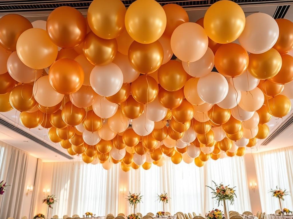 A luxurious event space with a beautifully designed ceiling balloon installation. The image features a variety of colorful balloons in soft golden hues, gracefully hanging from the ceiling, creating an enchanting atmosphere. The background shows soft lighting that adds warmth to the scene, complemented by elegant floral arrangements on tables below. The overall composition is inviting and serene, capturing the essence of a sophisticated celebration.