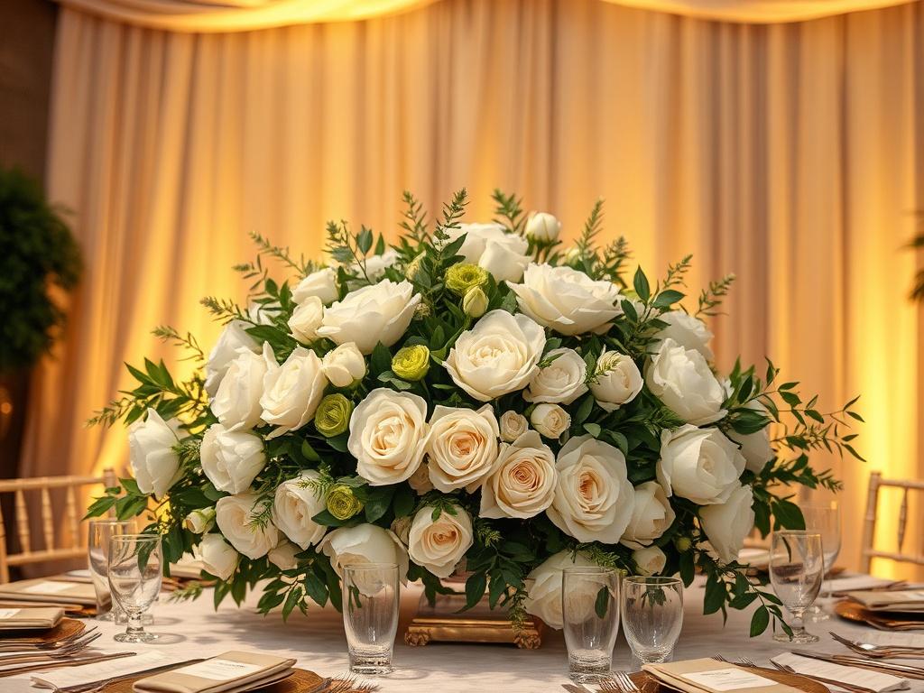 A luxurious floral centerpiece featuring a variety of fresh blooms,