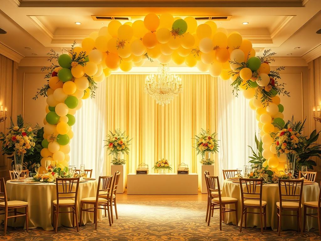 A beautifully decorated event space featuring a stunning balloon arch
