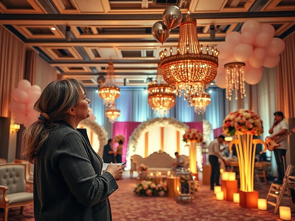 A relaxed event planner overseeing the setup of a beautiful