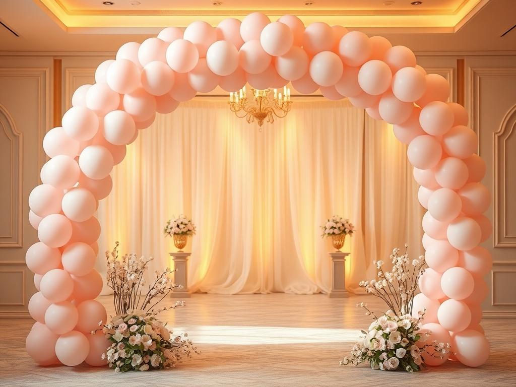 A beautifully designed balloon arch in soft pastel colors, elegantly