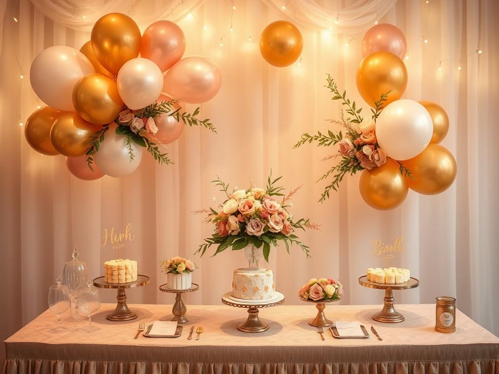 An elegantly styled dessert table featuring a custom balloon arrangement