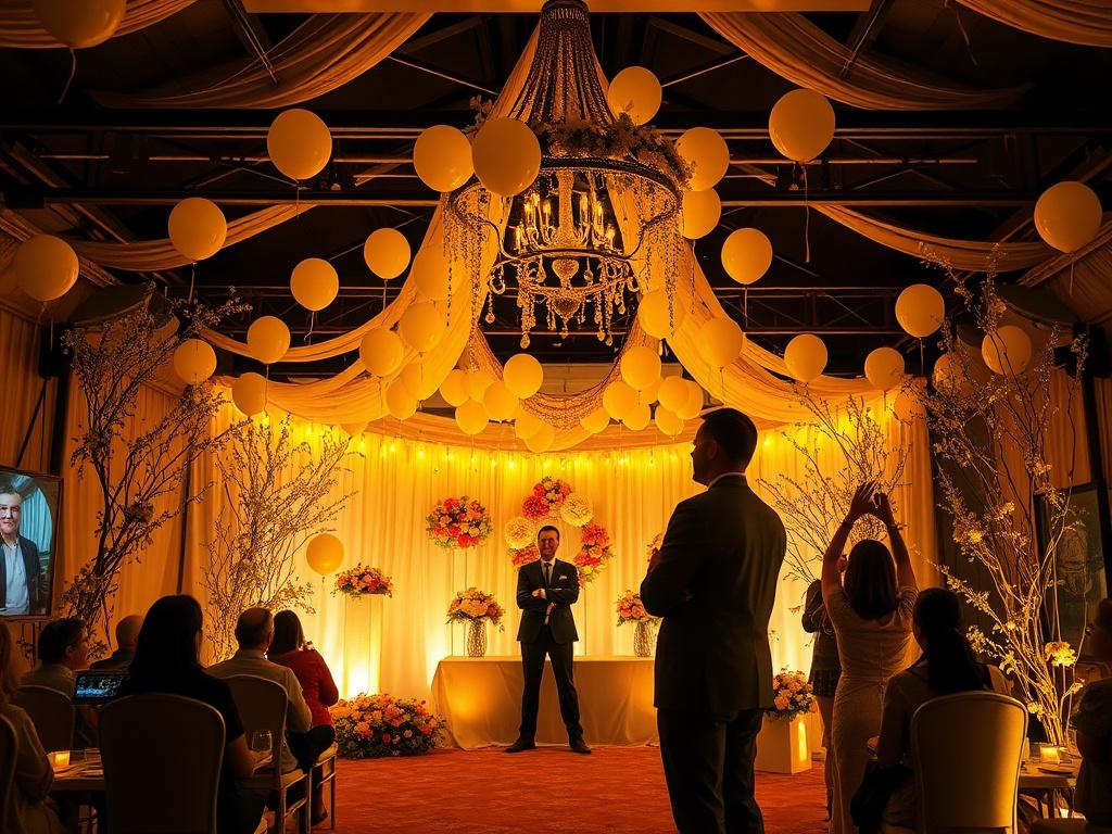 A beautifully decorated event space filled with balloons and flowers,