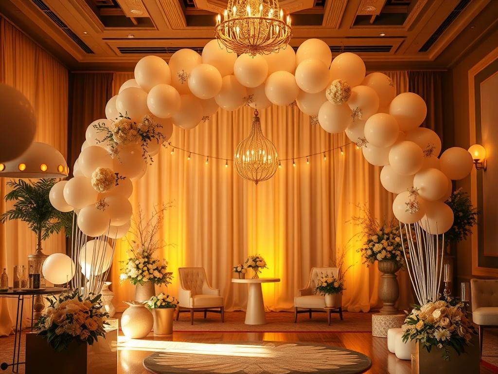 A serene setting showcasing a beautifully decorated event space with