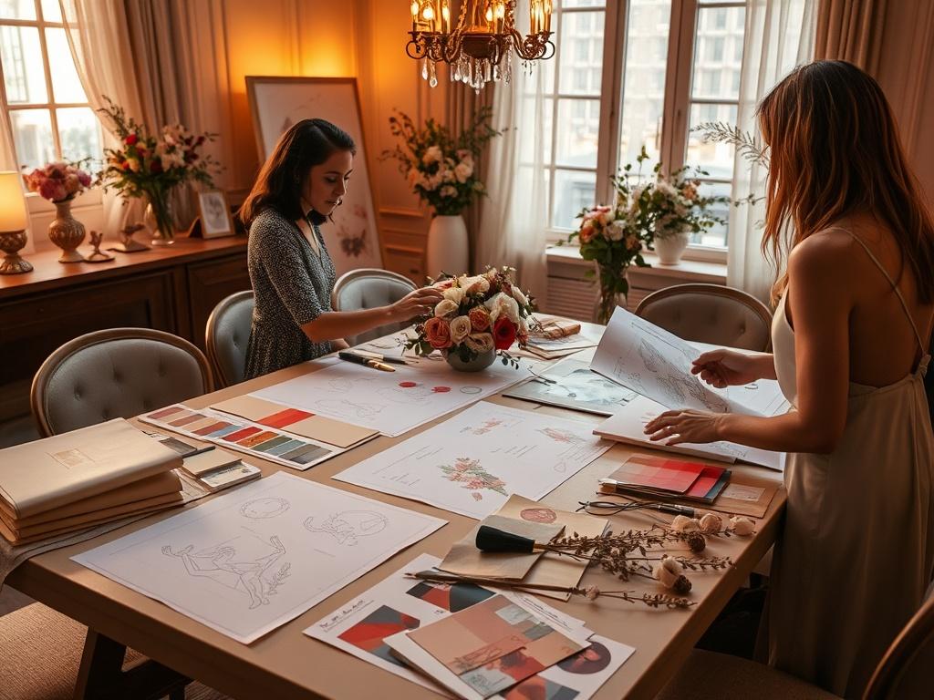 An elegant workspace filled with sketches, color swatches, and floral