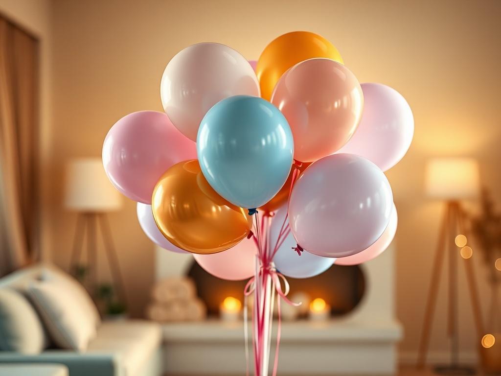 A single, elegant balloon bouquet featuring a variety of colorful helium balloons in soft pastel shades, including pink, blue, and gold. The bouquet is arranged with delicate ribbons and is positioned in a cozy, softly-lit setting with a warm atmosphere. The background features a subtle, blurred out interior space that suggests a celebration, such as a living room or event space, adding a serene and inviting vibe to the composition.